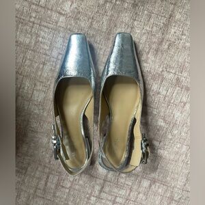 Square toe metallic foil silver slingback
